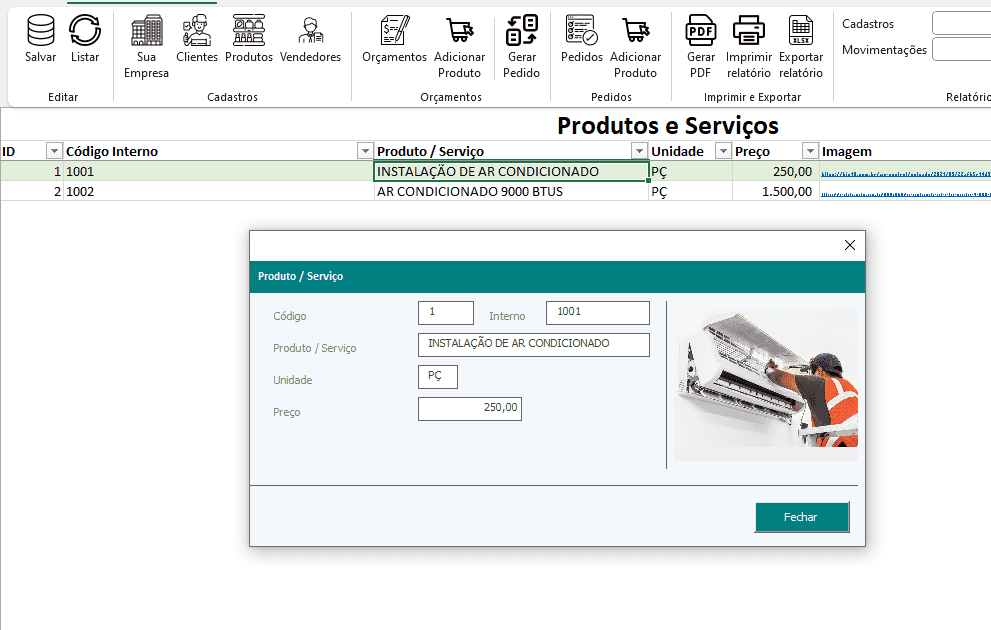 Planilha de orçamentos e pedidos em Excel