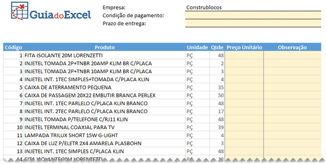 Planilha de cotação de preços Excel Automática 5