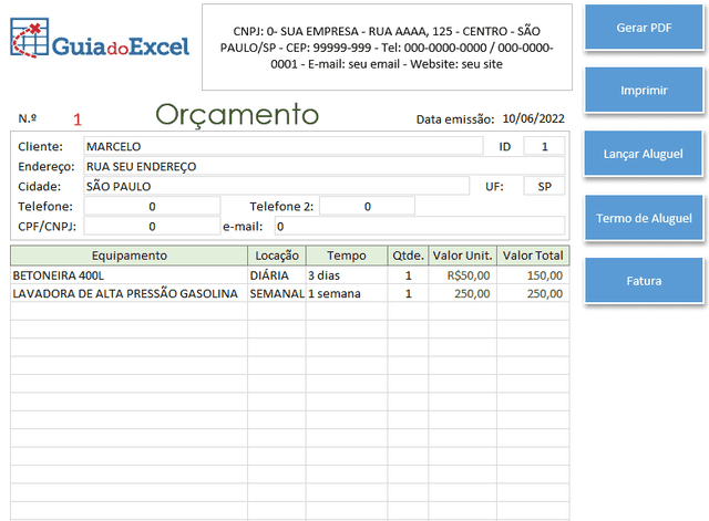 Planilha de Aluguel de Ferramentas e Equipamentos Excel 3