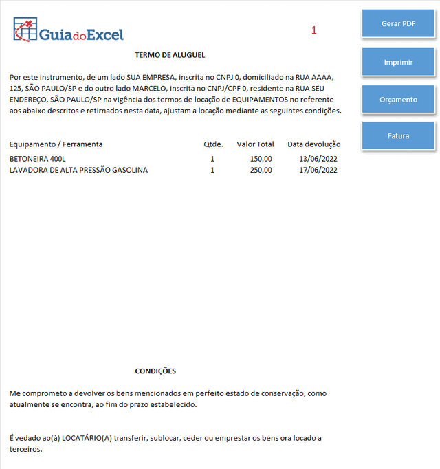 Planilha de Aluguel de Ferramentas e Equipamentos Excel 4