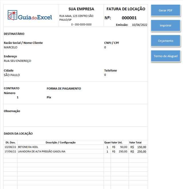 Planilha de Aluguel de Ferramentas e Equipamentos Excel 5