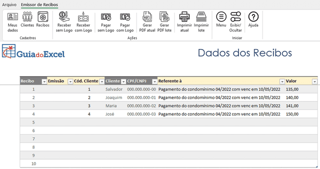 Planilha de Recibos em Lote Excel 2