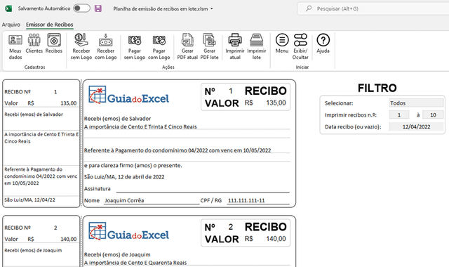 Planilha de Recibos em Lote Excel 4