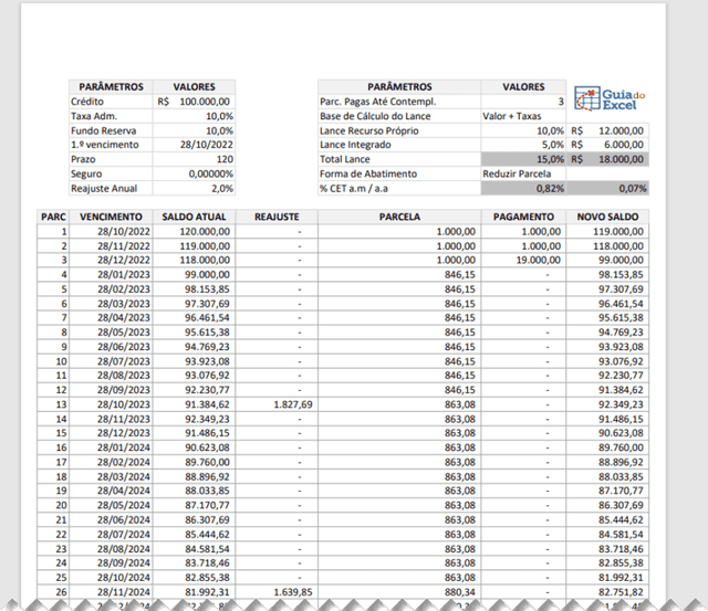 Planilha de Simulação de Consórcio Excel 5