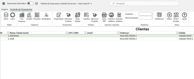Planilha de orçamentos e pedidos Excel 2