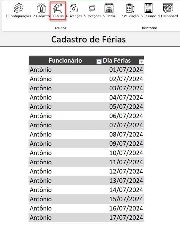 Cadastro de ferias de funcionarios planilha de escala de trabalho