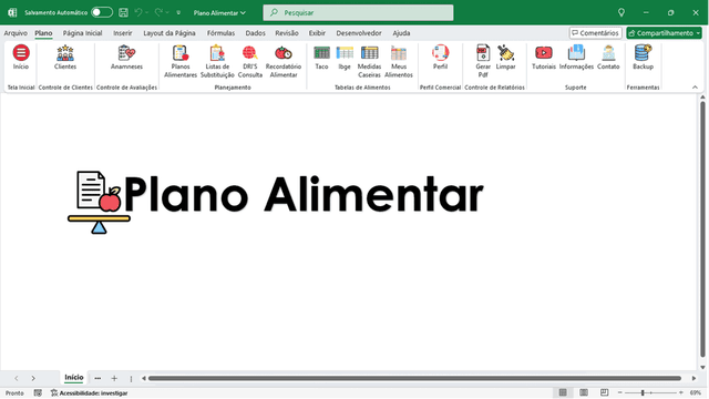 Planilha de plano alimentar tela inicial