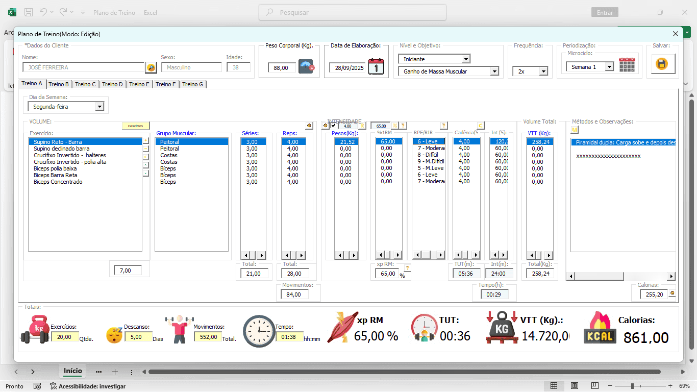 Planilha de Plano de Treino Excel 3