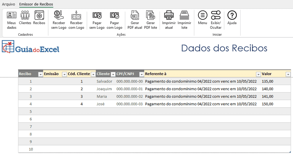 Planilha de Recibos Excel em Lote 4