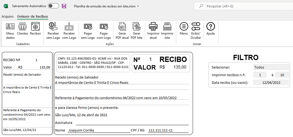 Planilha de Recibos Excel em Lote 5