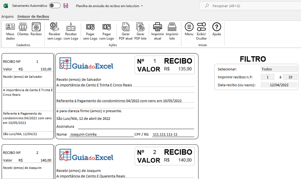 Planilha de Recibos Excel em Lote 2