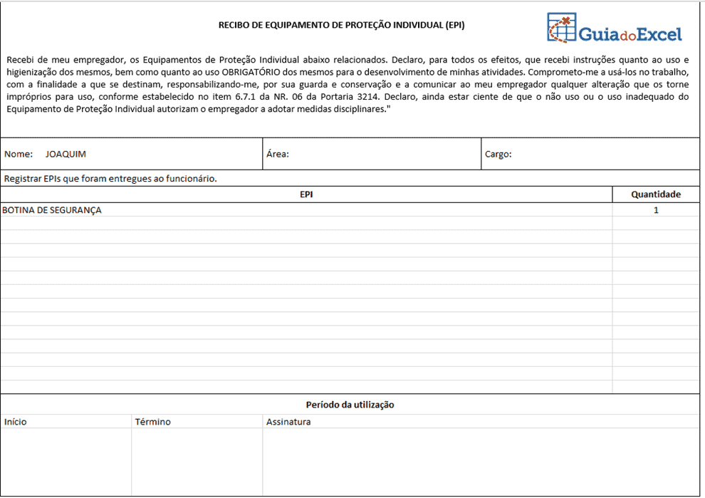 Planilha de Controle de EPI Excel 2