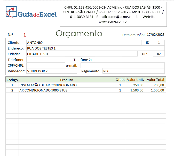 Planilha de orçamentos e pedidos em Excel 4