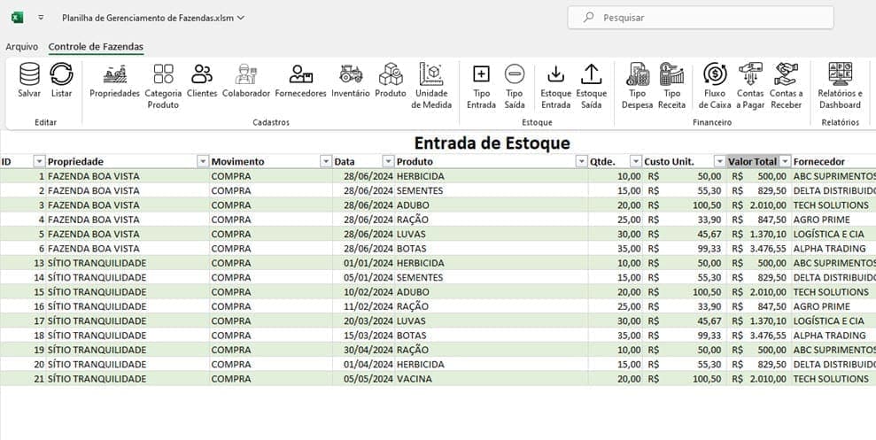 Planilha de Controle Agrícola Financeiro e Estoque Excel 4