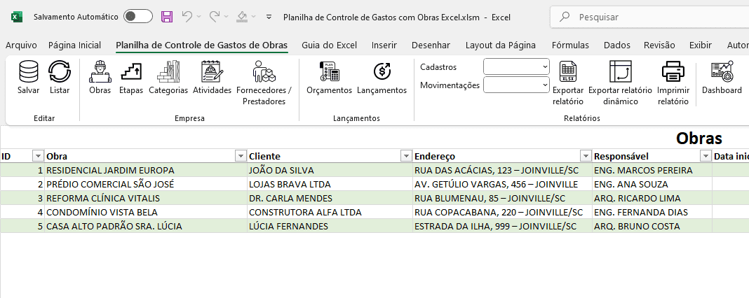 Planilha de Controle de Gastos com Obras Excel 2