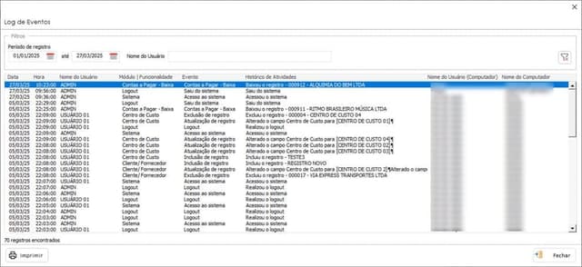 Planilha de Contas a Pagar e Receber com Log de eventos