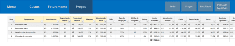 Planilha de Cálculo de Preço de Aluguel de Equipamentos 4