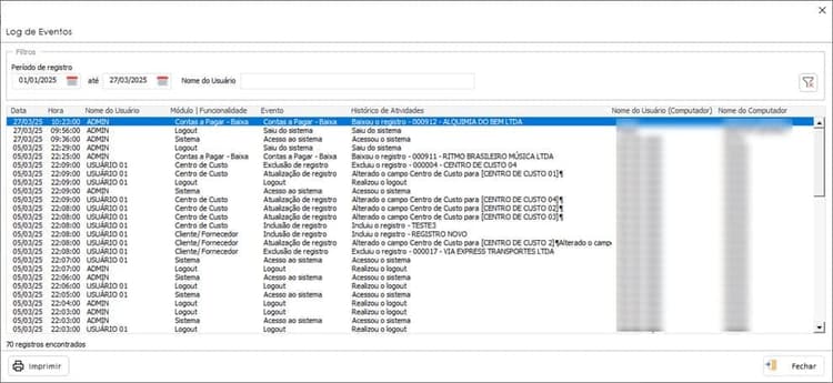 Planilha de Contas a Pagar e Receber com Log de eventos