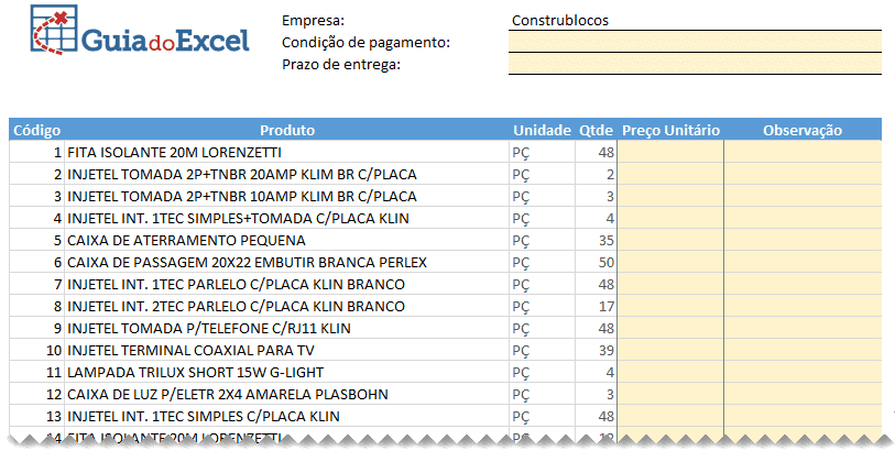 Planilha de cotação de preços Excel Automática 5