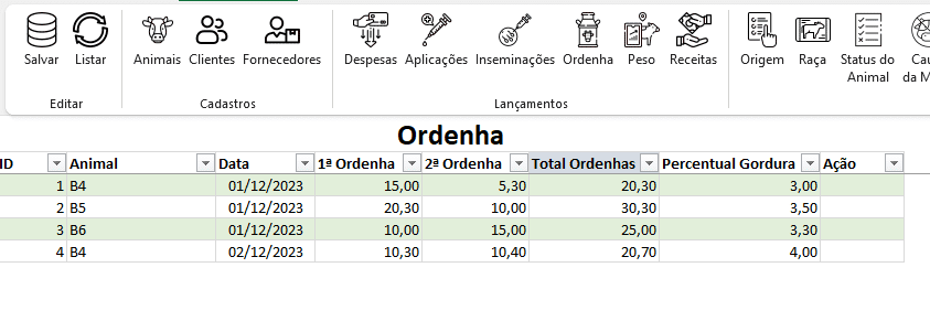 Planilha de Controle de Gado Leiteiro Excel 2