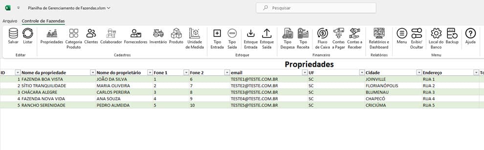 cadastro de propriedades rurais excel