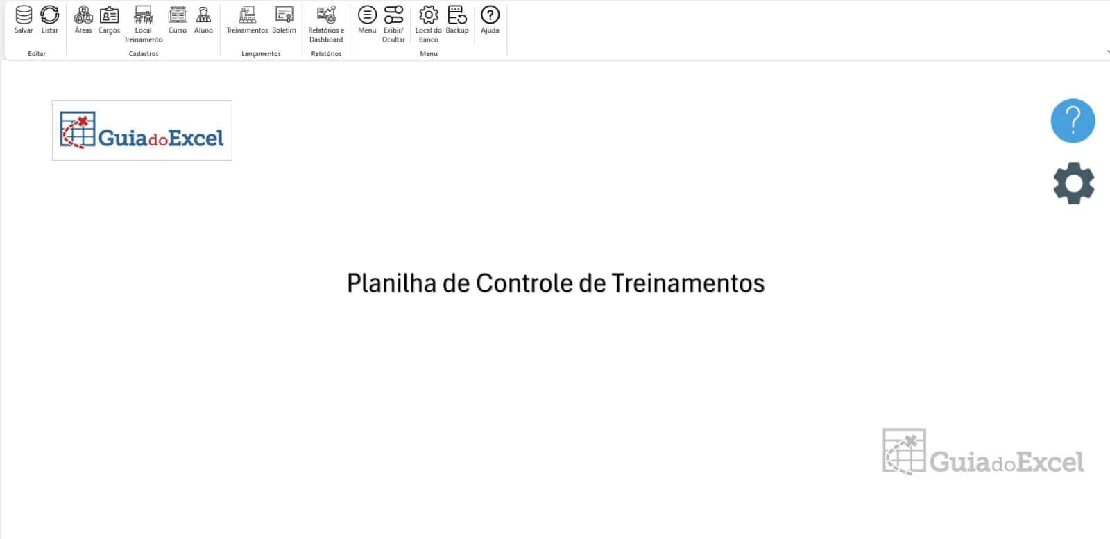 Tela principal Planilha de Controle de Treinamentos
