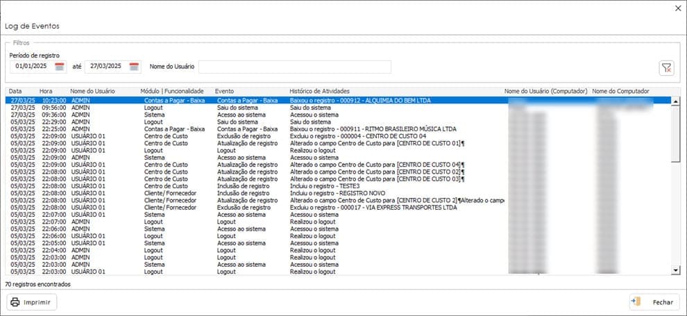 Planilha de Contas a Pagar e Receber com Log de eventos