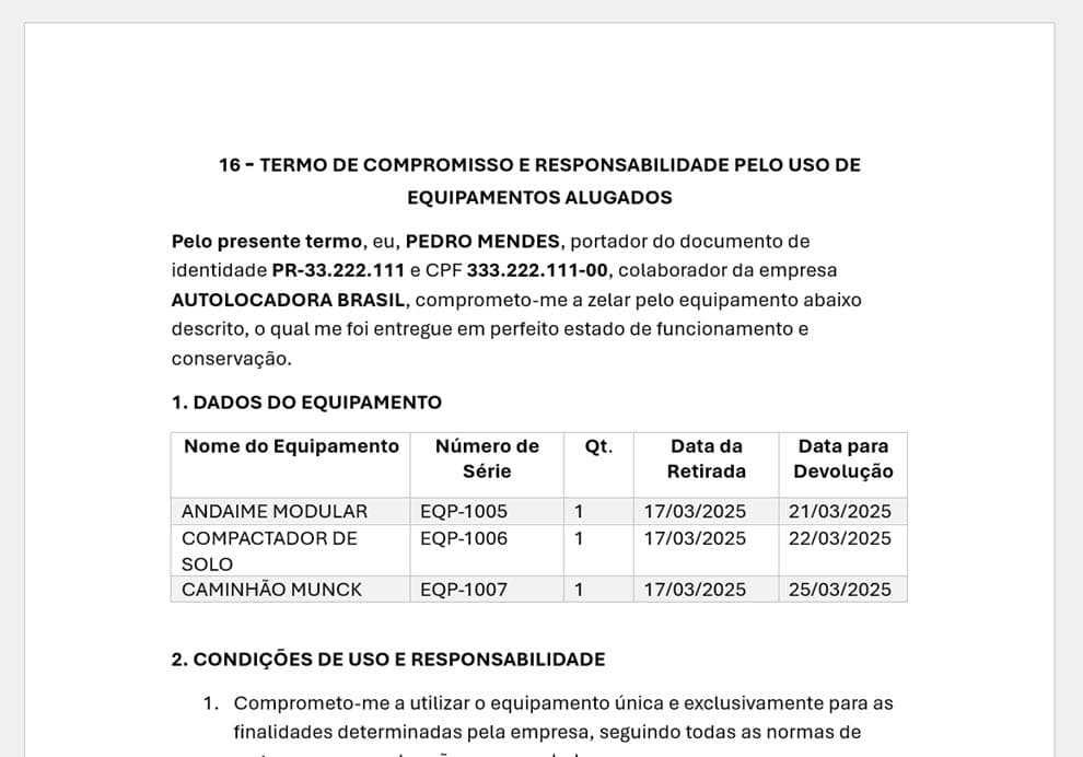Planilha de Controle de Equipamentos Alugados Termo de Responsabilidade