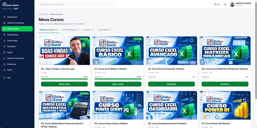 Área Meus Cursos do Guia do Excel