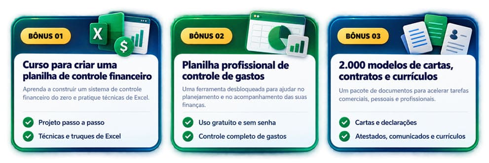 Bônus da Formação Excel Master: controle financeiro, controle de gastos e 2.000 modelos de documentos