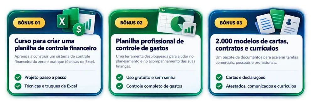 Bônus da Formação Excel Master: controle financeiro, controle de gastos e 2.000 modelos de documentos