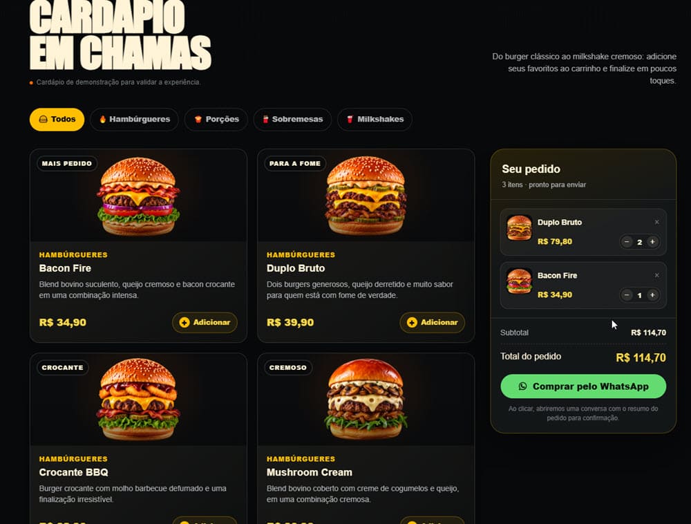 site feito com ia com cardápio e whatsapp