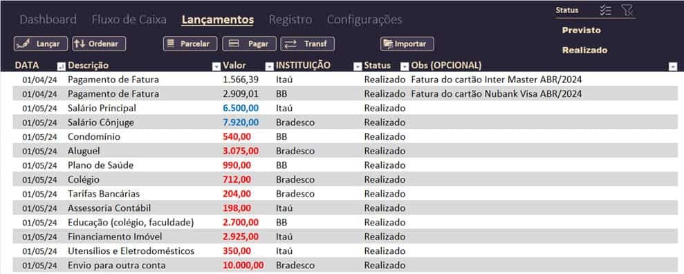 Lançamentos planilha de controle financeiro excel