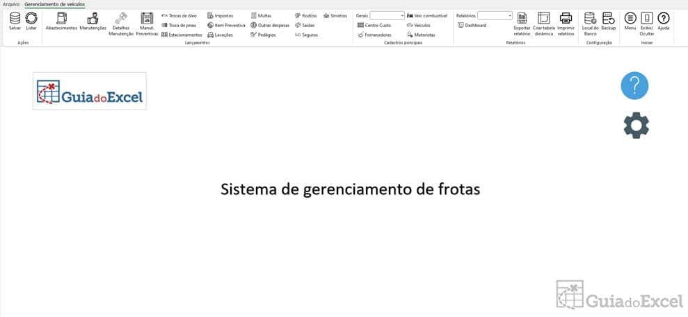 menu da planlha de controle de frota excel com botoes