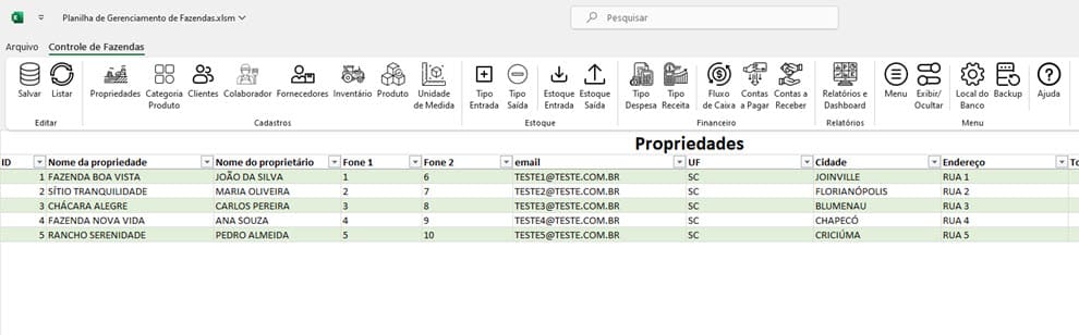 cadastro de propriedades rurais excel