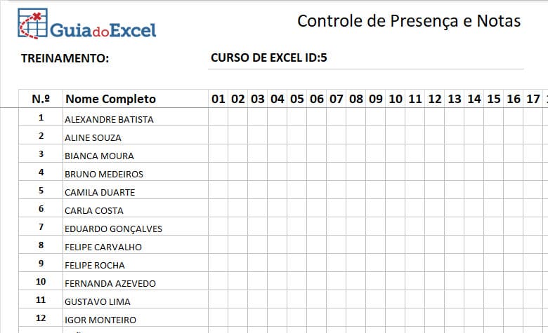 Planilha de Controle de Presenca e Notas Excel