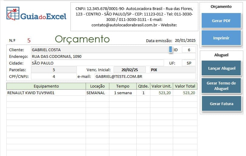 Planilha de aluguel de carros orçamento 6