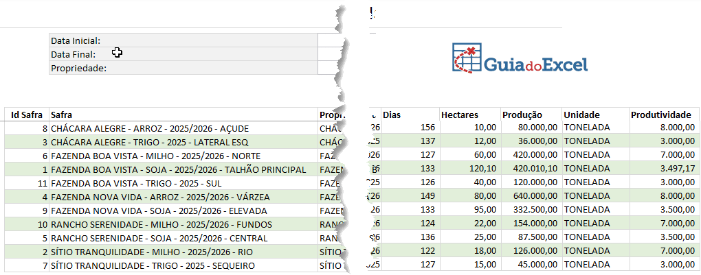 Planilha de controle agricola Excel Safra