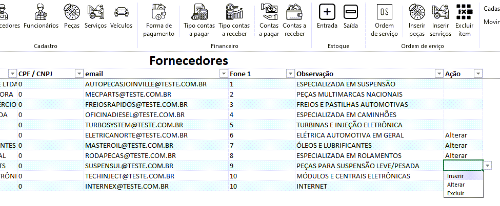 Planilha de Oficina Mecanica Excel 2 cadastros em lote e simples