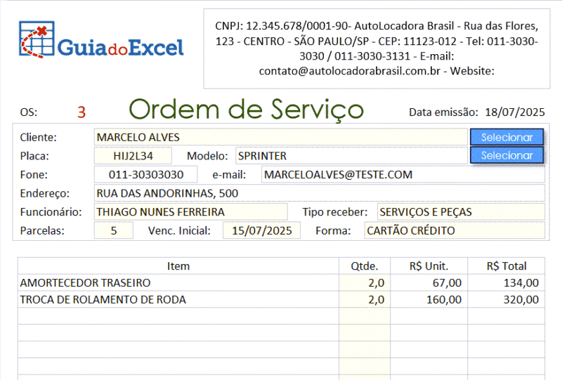 Planilha de Oficina Mecanica Excel 3 ordem de servico