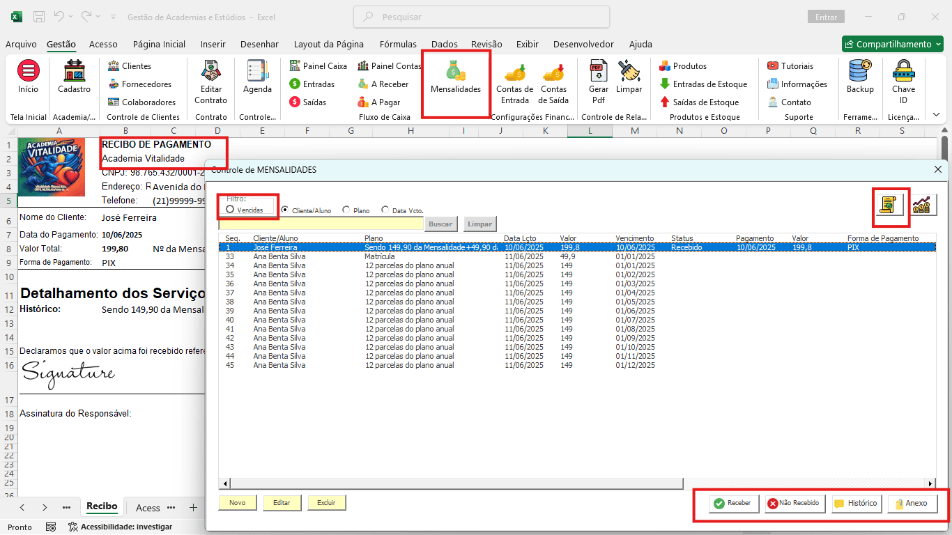 Planilha de Plano de Mensalidade Academia e Personal