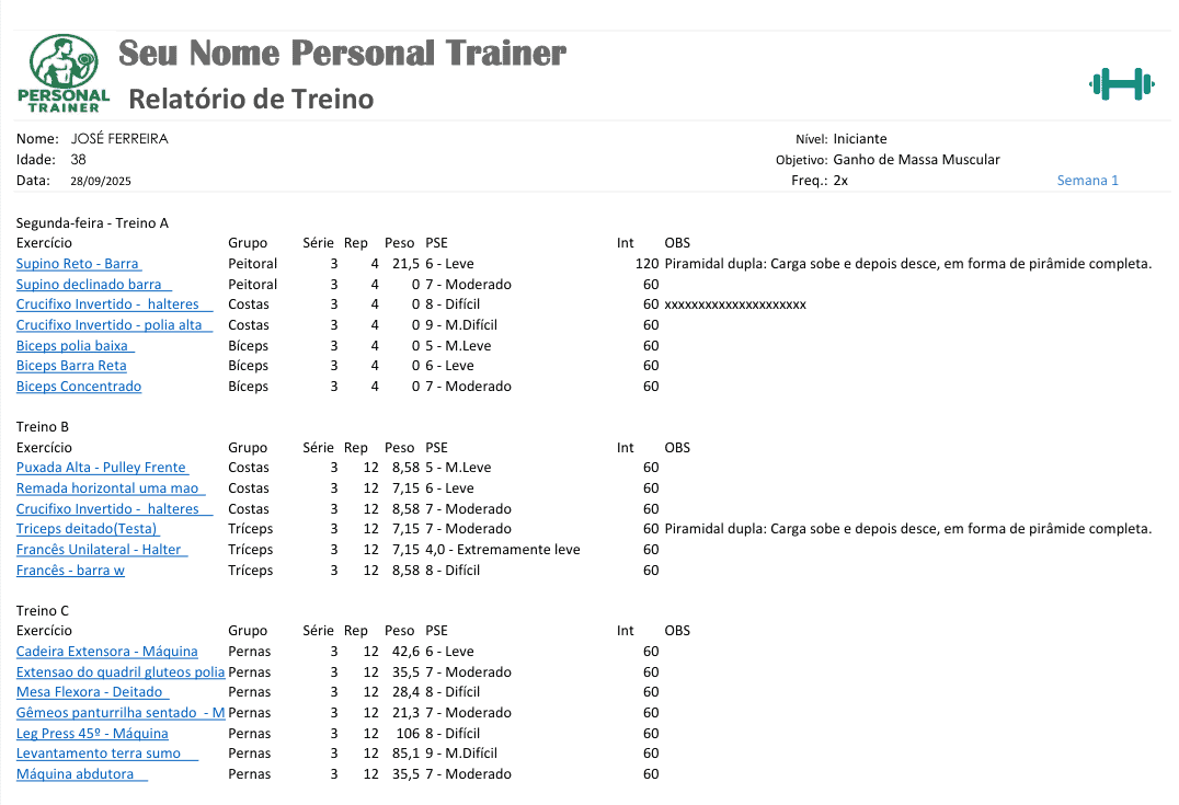 Relatórios planilha de plano de treino excel