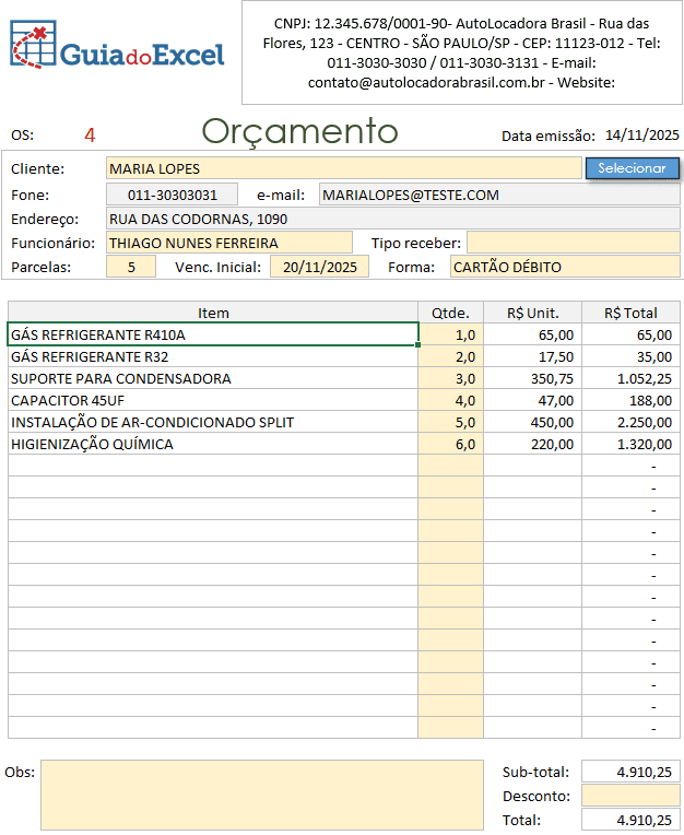 Orcamento Controle de prestacao de servicos