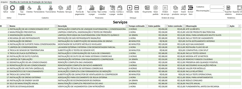 Planilha de controle de prestação de serviços Cadastro de serviços