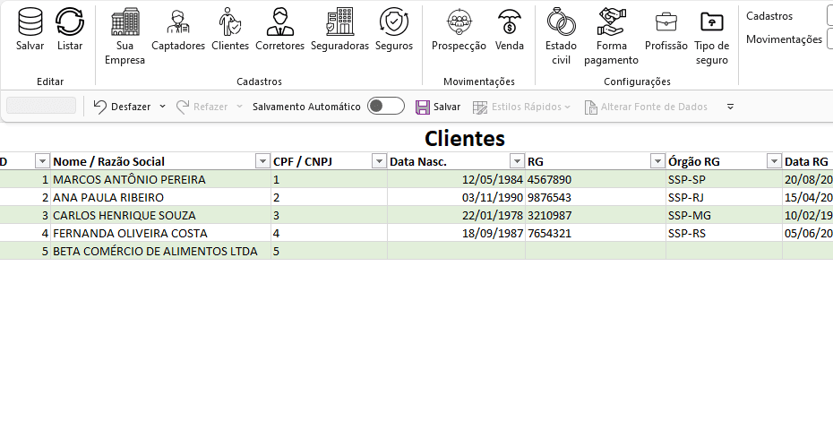 Planilha de seguros cadastro de clientes 1