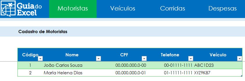 Planilha de carro de aplicativo Excel uber 2